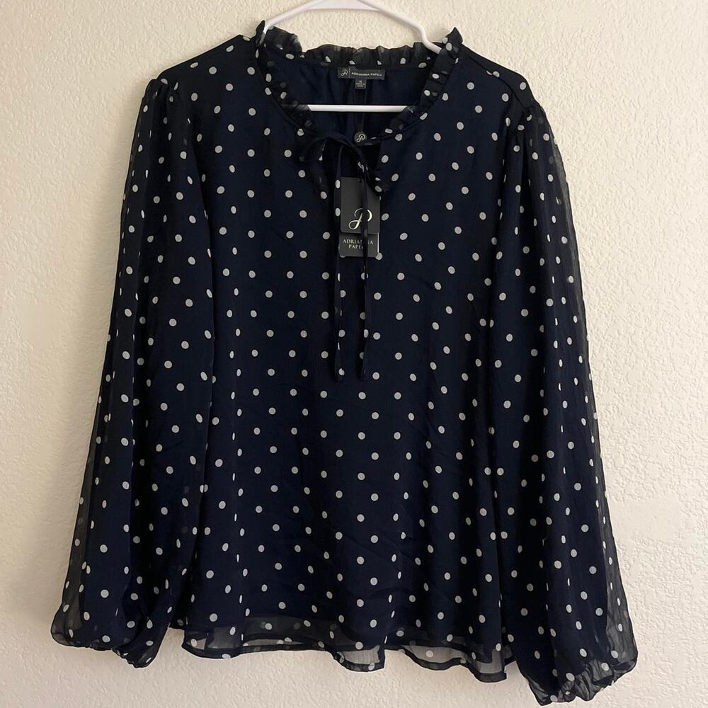 Adrianna papell new tags navy Polkadot Sheer Lined Blouse Top XL